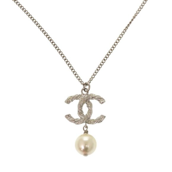 CHANEL Silver Pearl Logo Necklace